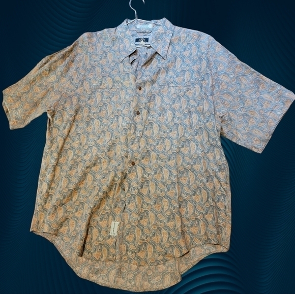 JOSEPH ABBOUD - MEN’S Large Linen PAISLEY PRINT DRESS SHIRT Tan Green T22 - Picture 1 of 6